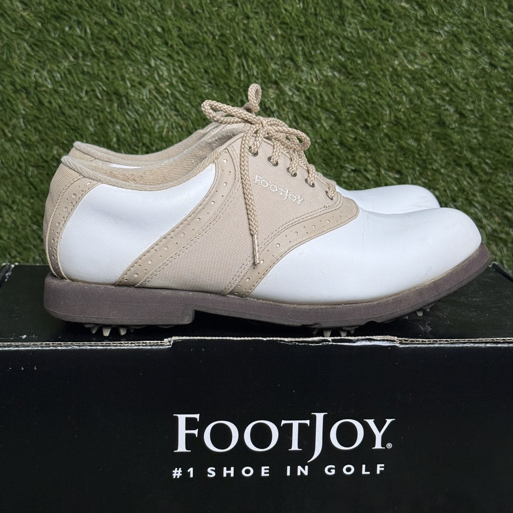 Footjoy Womens White/Tan GreenJoys 48746 Soft Spikes Saddle Golf Shoes Size 7.5M